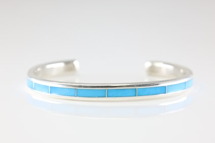 Native America Zuni Sterling Silver Turquoise Inlay Bracelet Cuff By Loretto.