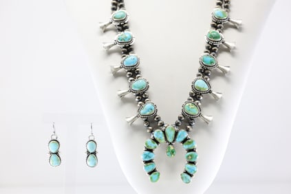 Native America Navajo Sterling Silver Sonora Gold Turquoise Squash Blossom Necklace & Earring's Set