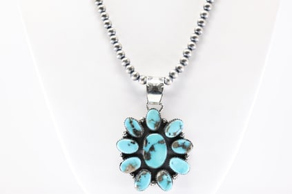 Native America Navajo Sterling Silver Kingman Turquoise Pendant By Selena Warner. With Machine Made