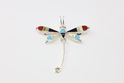 Native America Zuni Sterling Silver Multi-Color Stone Dragonfly Pin / Pendant By L.A.