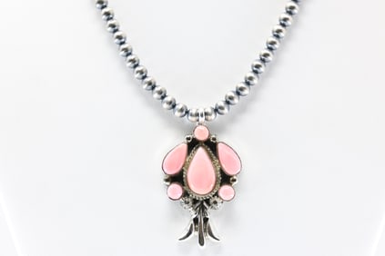 Native America Navajo Sterling Silver Pink Conch Shell Pendant By Bobby Platero. From R.B Company /
