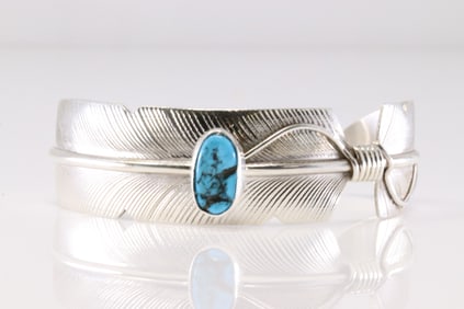 Native America Navajo Sterling Silver Turquoise Bracelet Feather Cuff By Chris Charley.