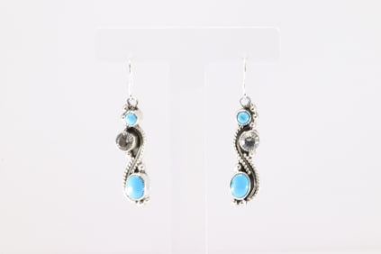 Native America Navajo Sterling Silver Cubic Zirconia & Turquoise Dangling Earring's By Jimmy Garcia.