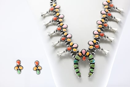Native America Navajo Sterling Silver Multi-Color Stone Squash Blossom Necklace & Earring's Set By