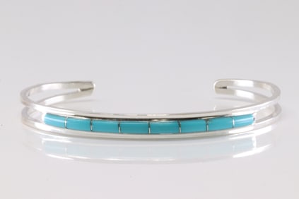 Native America Navajo Sterling Silver Turquoise Inlay Bracelet Cuff By A.L.W.