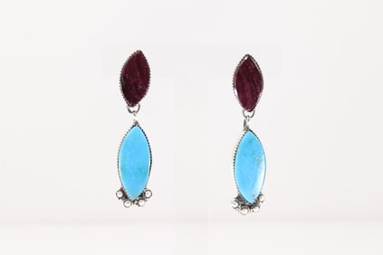 Native America Navajo Sterling Silver Purple Spiny Oyster & Turquoise Post / Dangling Earring's By