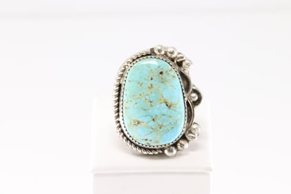 Native America Navajo Sterling Silver Kingman Turquoise Ring By V.H.