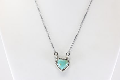 Native America Navajo Sterling Silver Kingman Turquoise Heart Necklace By Johnny Dixon.