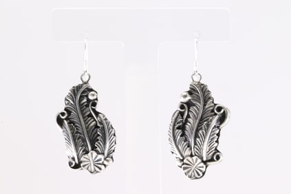 Native America Navajo Sterling Silver Solid Leaf Dangling Earring's By Harry B. Yazzie.