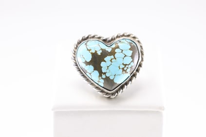 Native America Navajo Sterling Silver Kingman Turquoise Heart Ring By L.C.