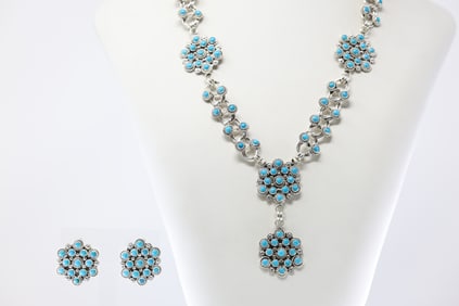 Native America Zuni Sterling Silver Turquoise Necklace & Earring's Set By Dillon Cheama.