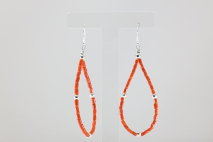 Native America Sterling Silver Coral & Pearl Beaded Dangling Earring's.