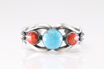 Native America Navajo Sterling Silver Spiny Oyster & Turquoise Bracelet Cuff By Chimney Butte.