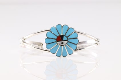 Native America Zuni Sterling Silver Multicolor Stone Bracelet Cuff By Burdian Soseeah.