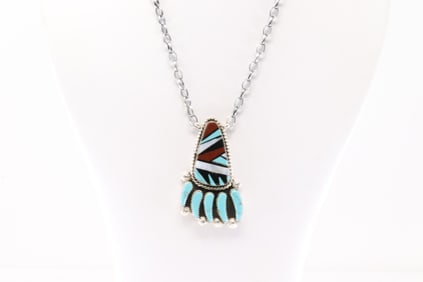 Native America Navajo Sterling Silver Bear Paw Multi-Color Stone Inlay Necklace By Ben Livingston.