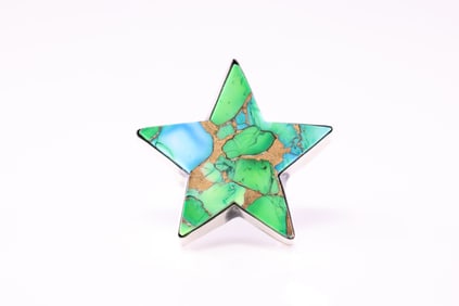 Native America Navajo Sterling Silver Turquoise / Green Stone Star Ring By Donovan Skeets.