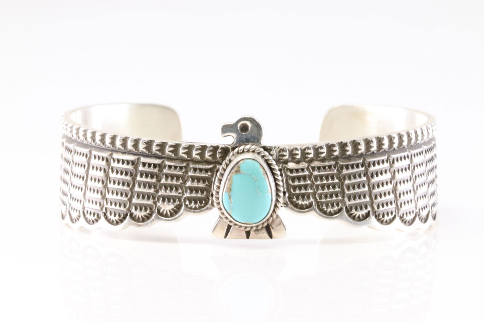 Native America Navajo Sterling Silver Turquoise Thunderbird Bracelet Cuff By Darrell Cadman. (1 of 4)