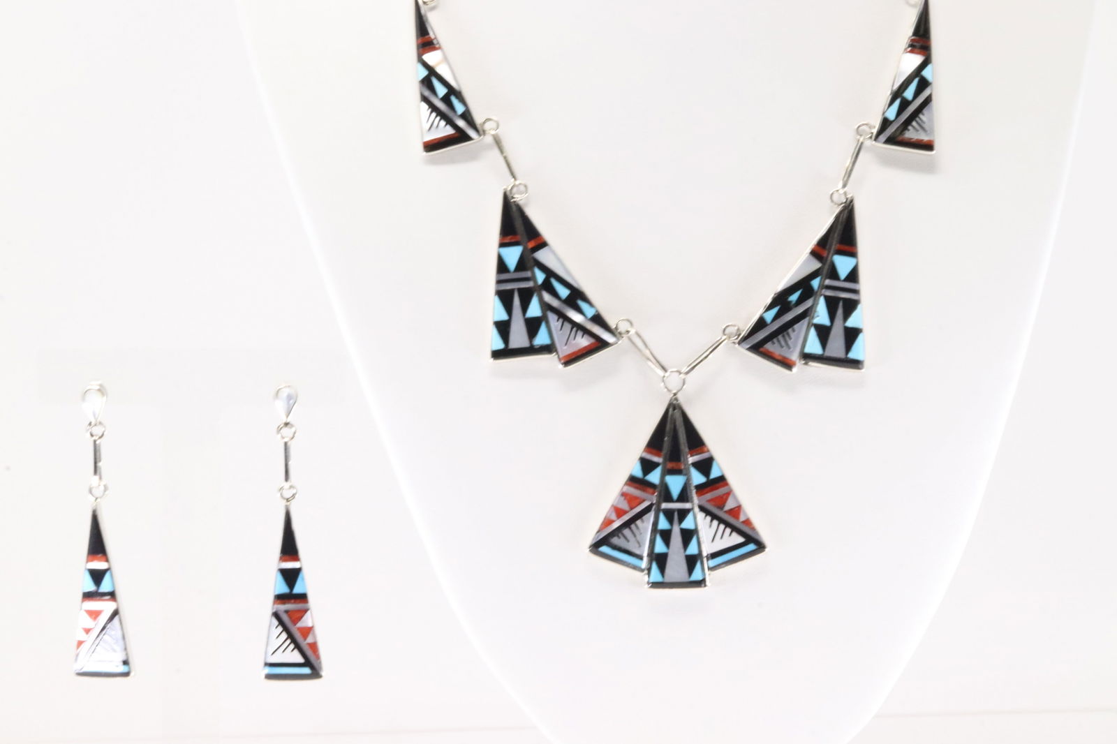 Native America Zuni Sterling Silver Multi-Color Stone Inlay Necklace & Earring's Set By Kathy Boonei (1 of 6)