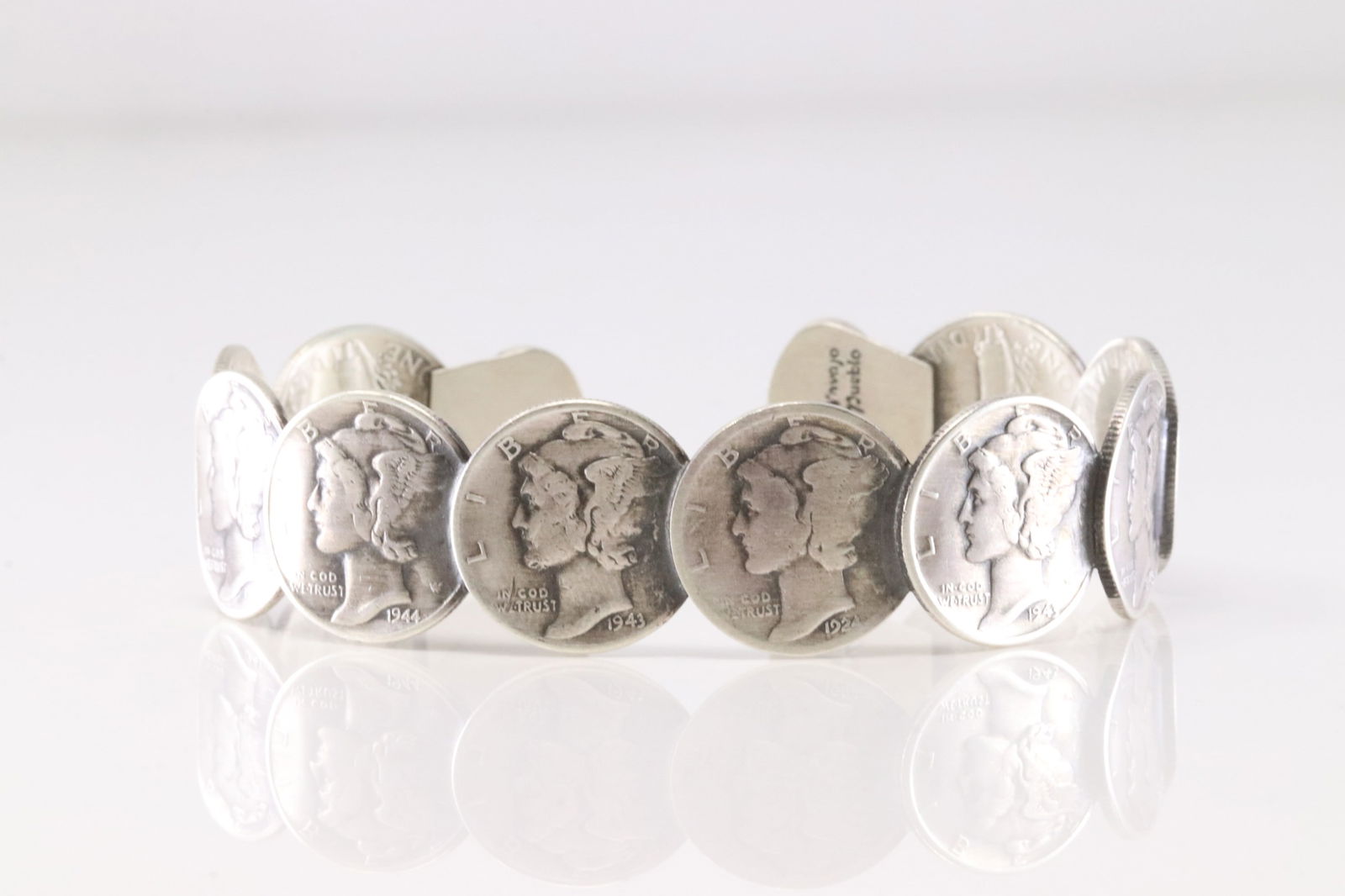 Native America Navajo Sterling Silver Turquoise Dime Coin Bracelet Cuff By James McCabe. (1 of 4)