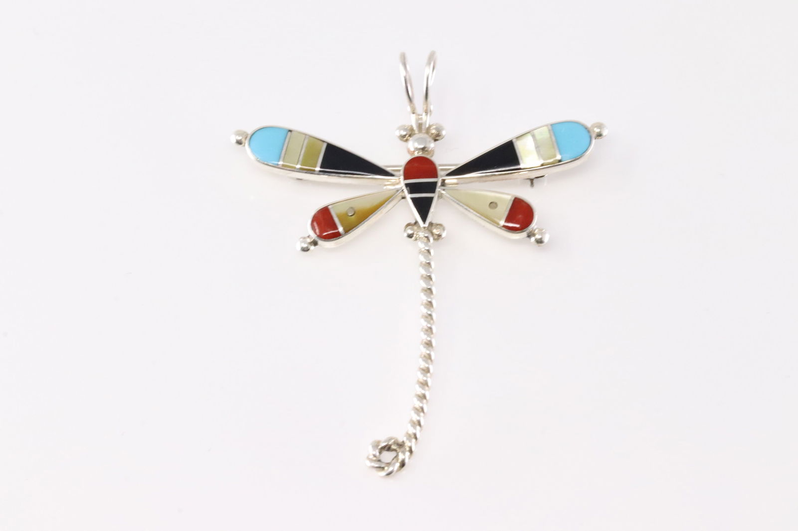 Native America Zuni Sterling Silver Multi-Color Dragonfly Pin / Pendant By L.A. (1 of 3)