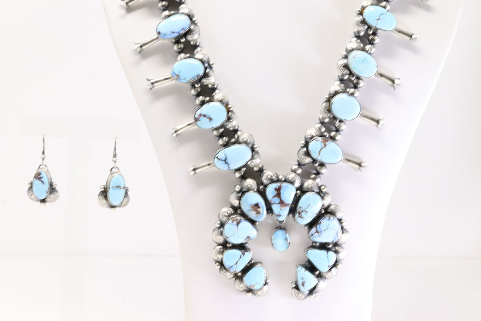 Native America Navajo Sterling Silver Golden Hill Turquoise Squash Blossom Necklace & Earring's Set: This is a Native America Navajo Sterling Silver Golden Hill Turquoise Squash Blossom Necklace & Earring's Set By Kee-J. Necklace length: 24.00" Total weight: 166.17 Grams.