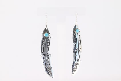 Native America Navajo Sterling Silver Turquoise Feather Dangling Earring's By T&R Singer.