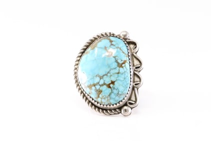 Native America Navajo Sterling Silver Kingman Turquoise Ring By V.H.