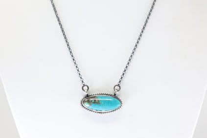 Native America Navajo Sterling Silver Turquoise Campitos Necklace By Johnny Dixon.