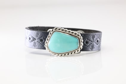 America Sterling Silver Turquoise Leather Bracelet.