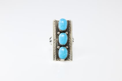 Native America Navajo Sterling Silver Turquoise 3 Stone Ring By Arlene Lewis. From R.B Company.