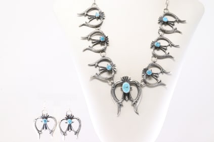 Native America Navajo Sterling Silver Multi-Color Stone Squash Blossom Necklace & Earring's Set By R