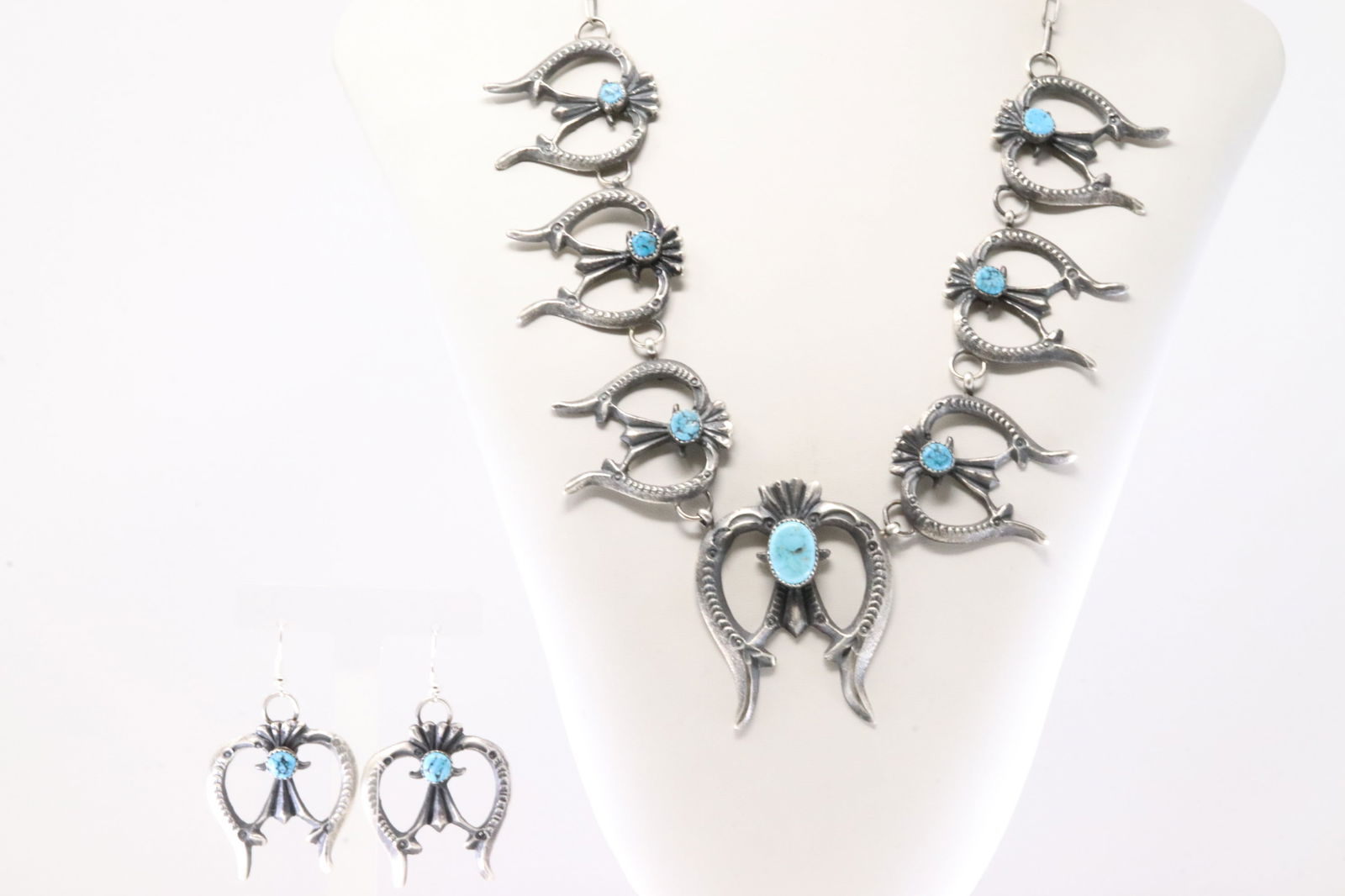 Native America Navajo Sterling Silver Multi-Color Stone Squash Blossom Necklace & Earring's Set By R (1 of 7)