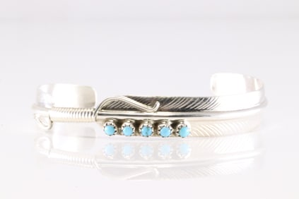 Native America Navajo Sterling Silver Kingman Turquoise Feather Bracelet Cuff By Aaron Davis.