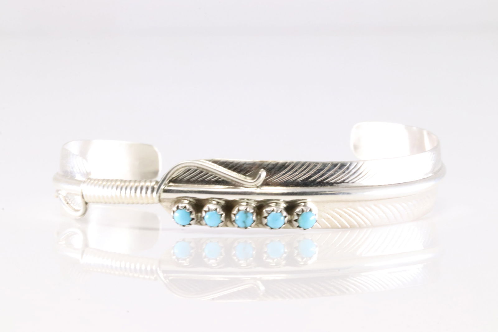 Native America Navajo Sterling Silver Kingman Turquoise Feather Bracelet Cuff By Aaron Davis. (1 of 4)