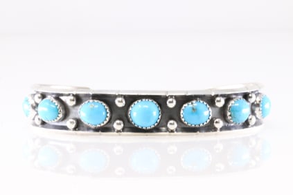 Native America Navajo Sterling Silver Kingman Turquoise Bracelet Cuff By Reed Charley.