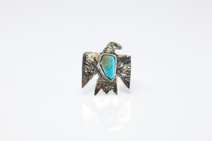 Native America Zuni Sterling Silver Turquoise Thunderbird Ring By Jude Candelaria.