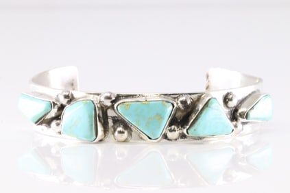 Native America Zuni Sterling Silver Kingman Turquoise Bracelet Cuff By Jude Candelaria.