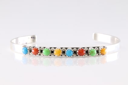 Native America Navajo Sterling Silver Multi-Color Stone Bracelet Cuff By GP SRY.