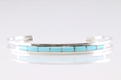 Native America Zuni Sterling Silver Turquoise Inlay Bracelet Cuff By ALW.