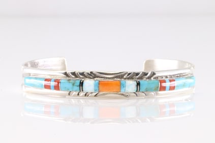 Native America Navajo Sterling Silver Multi-Color Stone Inlay Bracelet Cuff By Mary Lincoln.