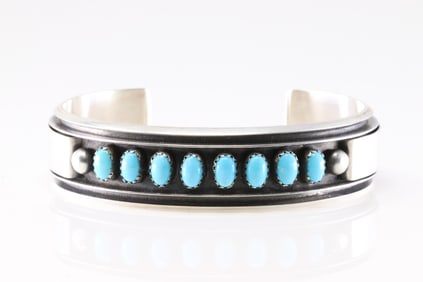 Native America Navajo Sterling Silver Turquoise Bracelet Cuff By M.J.
