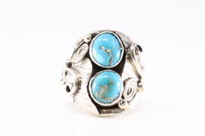 Native America Navajo Sterling Silver Turquoise Ring 2 Stone By B.