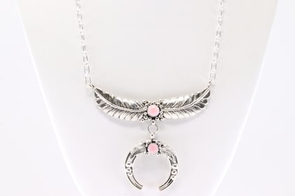 Native America Navajo Sterling Silver Pink Conch Shell Necklace Leaf & Naja By Loretta Delgarito.