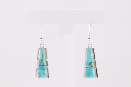 Native America Navajo Sterling Silver Turquoise Inlay Dangling Earring's By S.F.
