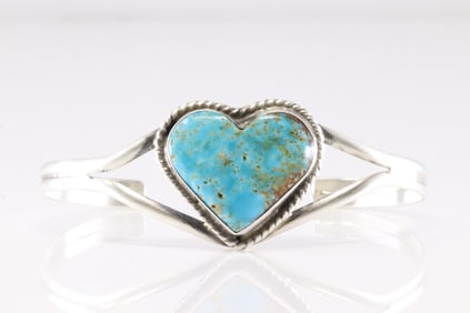 Native America Navajo Sterling Silver Kingman Turquoise Heart Bracelet Cuff By L.C.