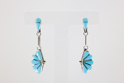 Native America Zuni Sterling Silver Kingman Turquoise Post / Dangling Earring's By Velda Nastacio.