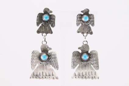 Native America Navajo Sterling Silver Turquoise Thunderbird Post / Dangling Earring's By Gabriela
