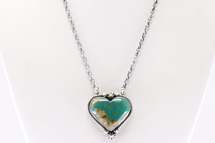 Native American Navajo Sterling Silver Kingman Turquoise Heart Necklace By Johnny Dixon.
