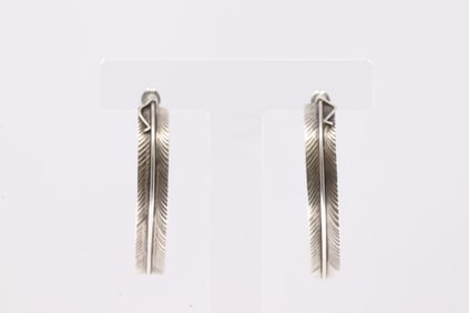 Native American Navajo Sterling Silver Feather Hoop Earring's By Chris Cahrley.