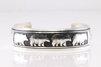 Native American Navajo Sterling Silver Bears Stamp Bracelet Cuff By T&R Singer.